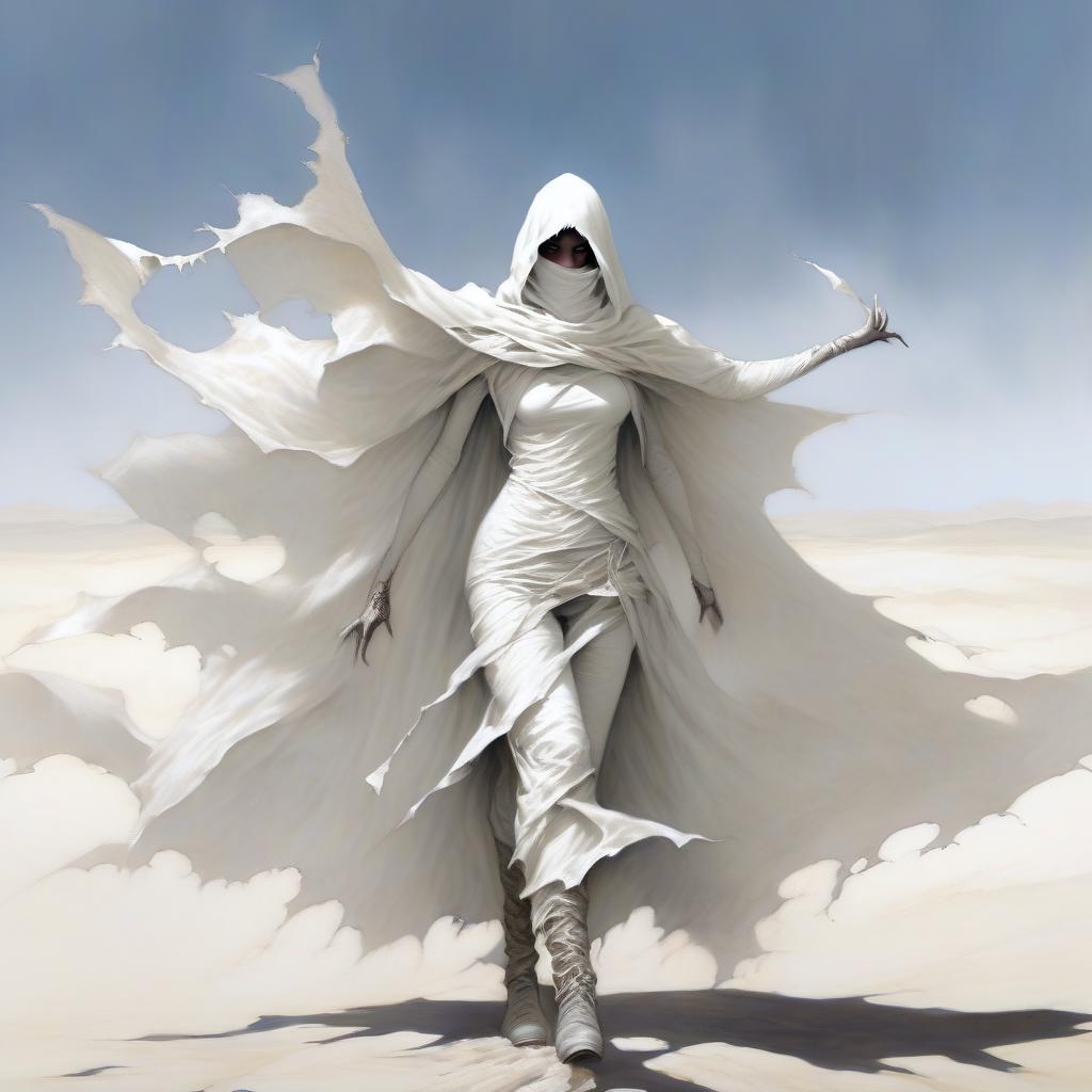  macabre style fantasy girl with a beautiful face in a white scarf on her face, in a white, white ragged, leaky cloak. . dark, gothic, grim, haunting, highly detailed