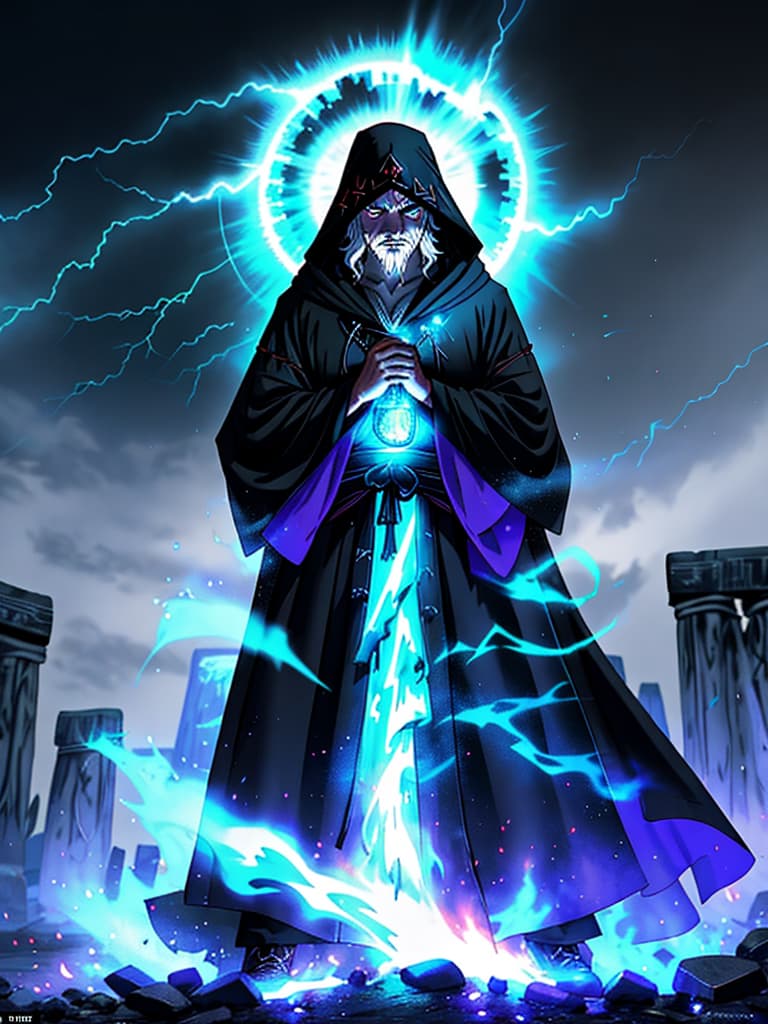  Pagan warlock, facing viewer, wearing a hooded cloak, his face hardened, eyes cold, a scar runs down the left side of his face; standing at an alter, conjuring a fire elemental from within Stonehenge during a thunder and lightning storm