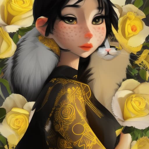  a young and slim but toned female with panther ears and fluffy tail with cat designs, dark semi short black hair, yellow eyes, cute freckles on my cheeks and nose, soft rose cheeks and lips. wearing a yellow, black and white emperor dress. has powers to grow yellow roses wherever she steps.tribal