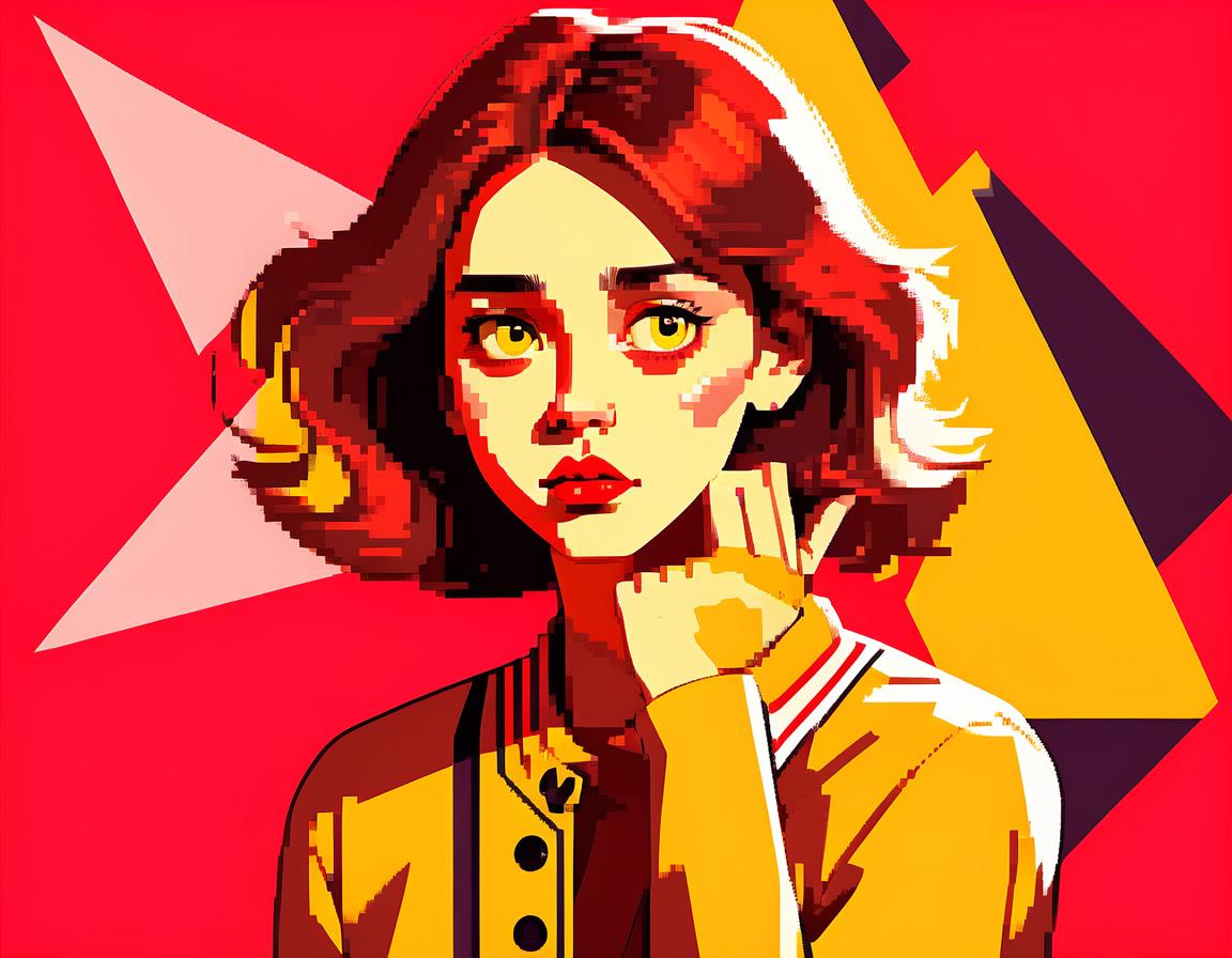  constructivist style the girl has a thoughtful surprised face, she stands on a red background in yellow clothes, girl illustration sketch sketch . geometric shapes, bold colors, dynamic composition, propaganda art style