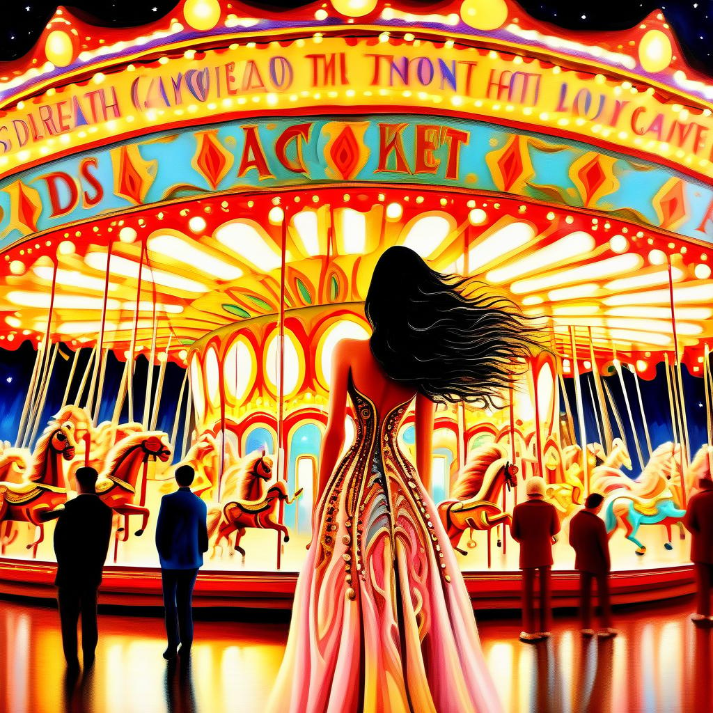  surrealist art a full length stands with her back, does not look at the camera, and looks at a huge bright carousel at night . dreamlike, mysterious, , symbolic, intricate, detailed