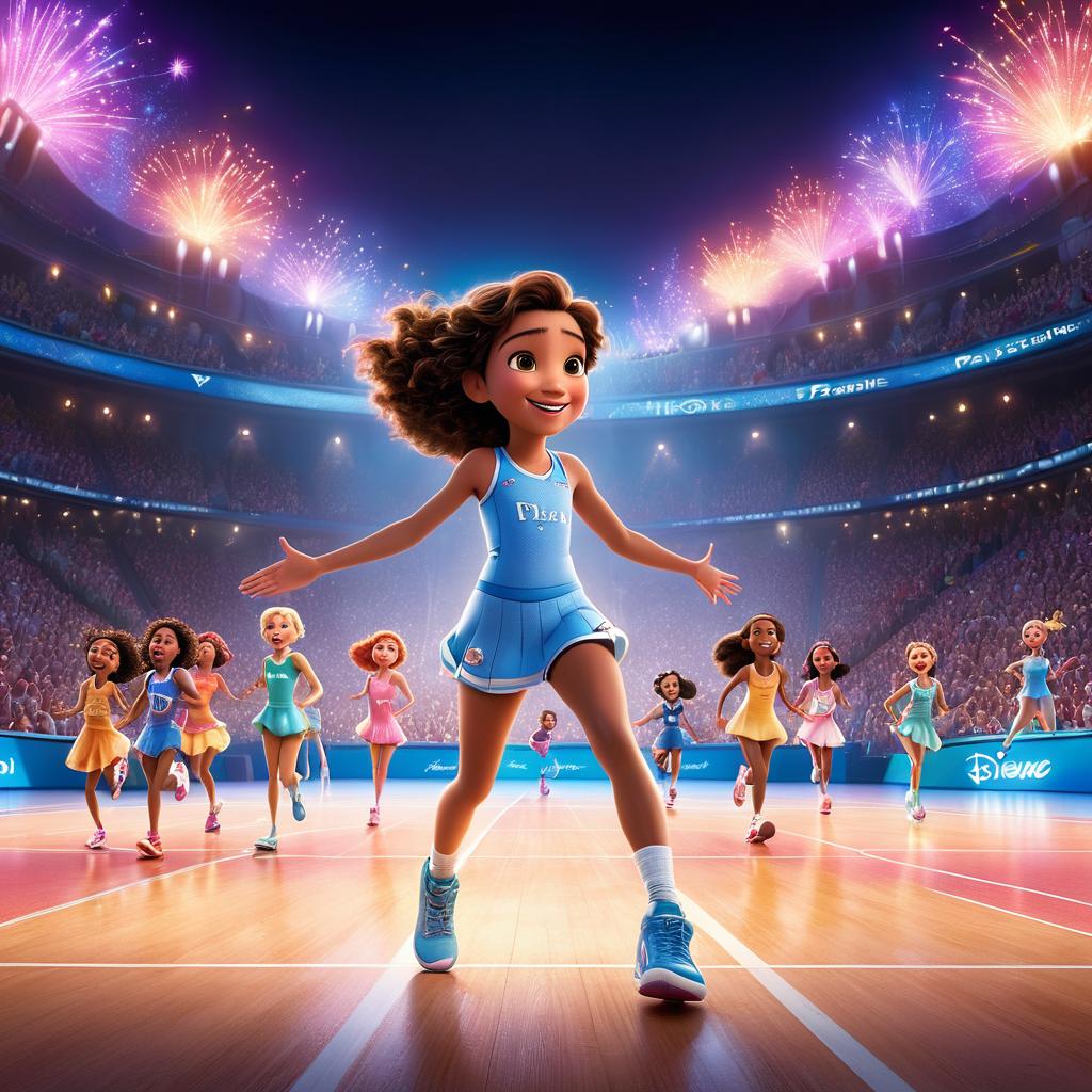  in 3d animated movie style. disney pixar style. paris, a old , eager on netball court. mischievous fairies, magical and grinning, stand opposing her. high resolution pixar 3d animated film with detailed rendering captures magic and excitement. bright soft lights illuminate, creating warm atmosphere. low angle view emphasizes paris' determination against mischievous fairies, enhancing challenge.