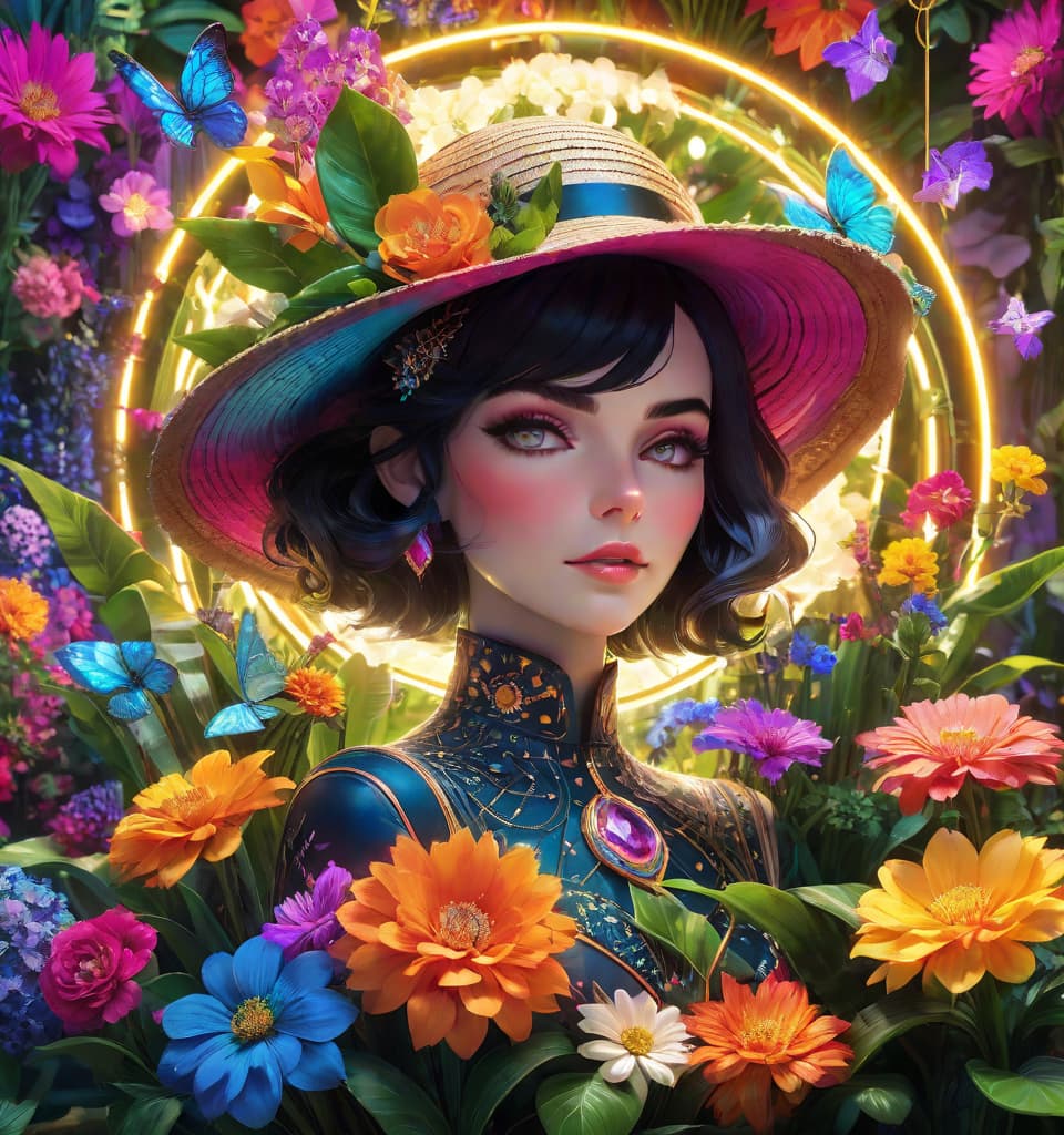  art deco style a bizarre and magical illustration of a flower with a humanoid face growing in a flower pot surrounded by bright flowers and plants. a flower shop, a seller in the form of an extravagant woman in a straw hat decorated with a magnificent scattering of flowers. tadahiro uesugi's concept art, intricate details, fantasy elements, soft lighting. . geometric shapes, bold colors, luxurious, elegant, decorative, symmetrical, ornate, detailed, hkmagic, glowneon