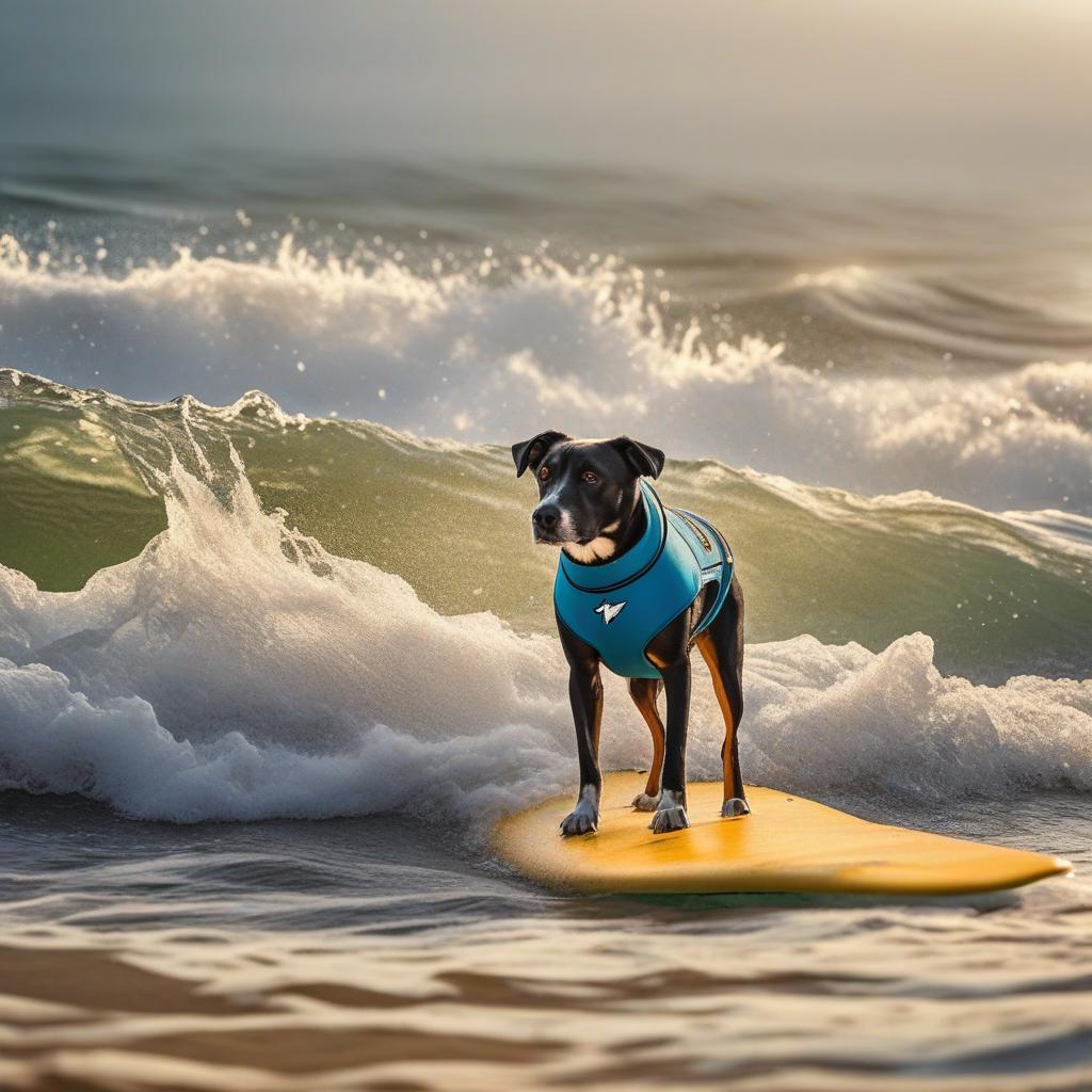  A dog surfing hyperrealistic, full body, detailed clothing, highly detailed, cinematic lighting, stunningly beautiful, intricate, sharp focus, f/1. 8, 85mm, (centered image composition), (professionally color graded), ((bright soft diffused light)), volumetric fog, trending on instagram, trending on tumblr, HDR 4K, 8K