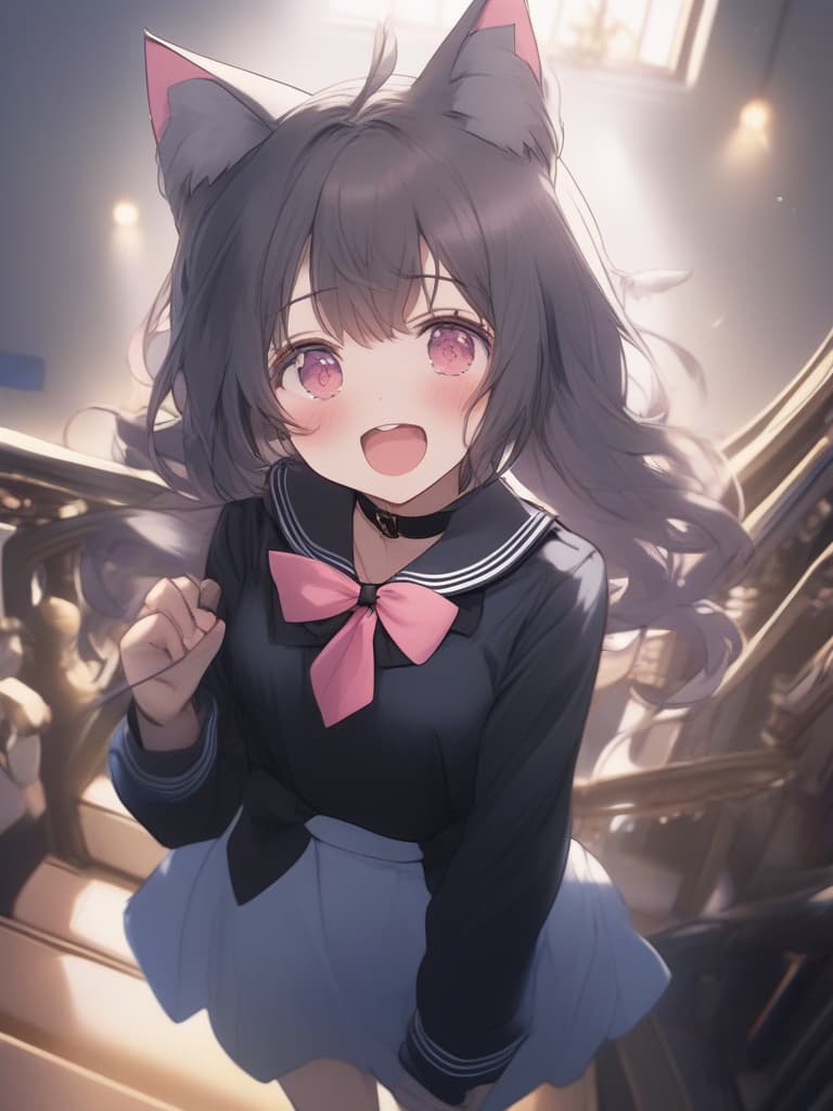  1girl,solo,long hair,s,blush,looking at viewer,open mouth,bangs,,eyebrows visible through hair,shirt,dress,long sleeves,original,bow,animal ears,holding, uniform,,very long hair,s,standing,collarbone,yellow eyes,pink hair,white shirt,pleated ,,serafuku,choker,fang,cat ears,indoors,sailor collar,bowtie,hand up,white s,:o,black dress,animal ear fluff,ons,garter straps,thigh gap,feet out of frame,black choker,blue sailor collar,panty pull,stairs,double ed,holding hair