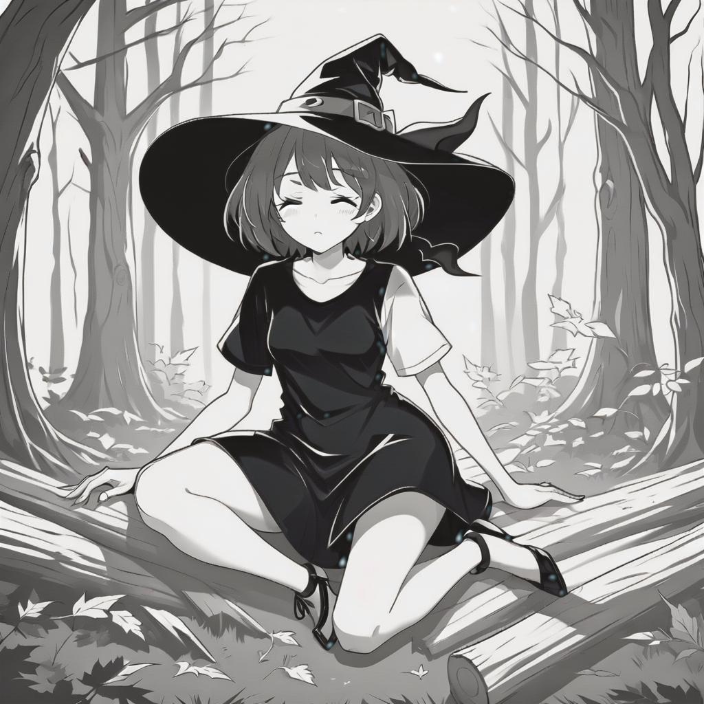  line art drawing girl in t shirt and black dress, with short hair, witch hat, sleeping in wood, same nightmare. anime style . professional, sleek, modern, minimalist, graphic, line art, vector graphics