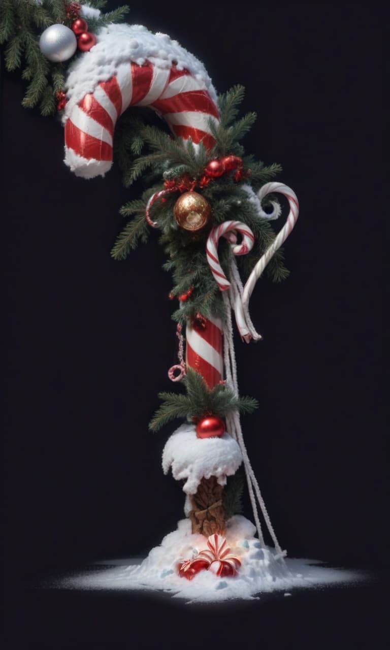  breathtaking an arch made up of candy canes and ornaments, christmas garland with decoration, pine needle and snow on it . award winning, professional, highly detailed, civitai