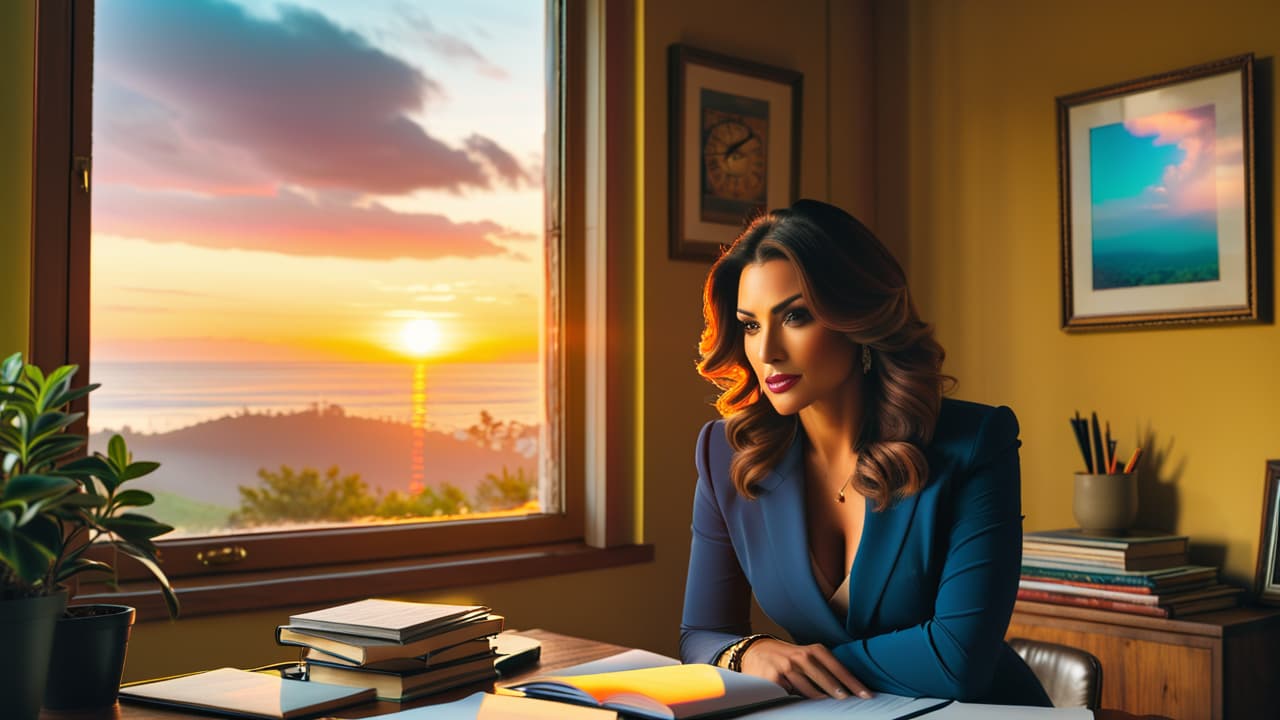  an open notebook with neatly written goals, a pen beside it, surrounded by a vision board filled with inspiring images, a clock ticking softly in the background, and a vibrant sunset through a window. hyperrealistic, full body, detailed clothing, highly detailed, cinematic lighting, stunningly beautiful, intricate, sharp focus, f/1. 8, 85mm, (centered image composition), (professionally color graded), ((bright soft diffused light)), volumetric fog, trending on instagram, trending on tumblr, HDR 4K, 8K