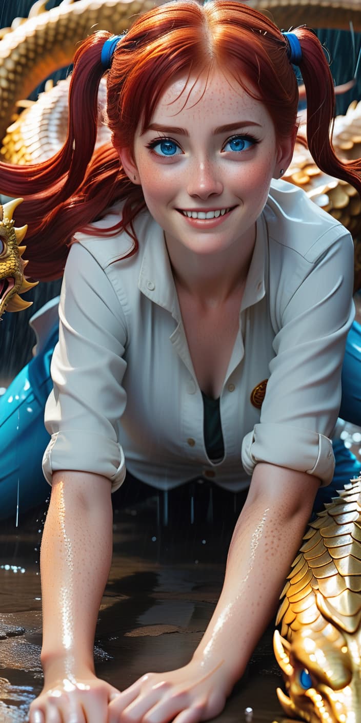  realistic photos of cinematic quality. absolutely of 25, lying on her back, , sharp s, red hair, blue eyes, light smile, two pigtails, skin, hands behind her head, legs open, to the sides, light on the inside of the thigh. lying beside the golden dragon. it is raining., hkmagic