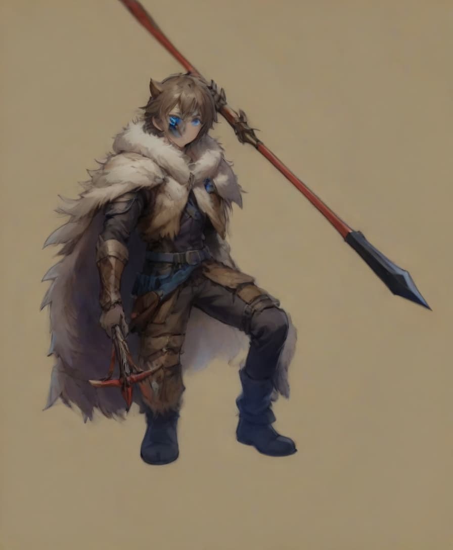  anime artwork blue eyes, fur cape, spear, crossbow . anime style, key visual, vibrant, studio anime, highly detailed, on parchment