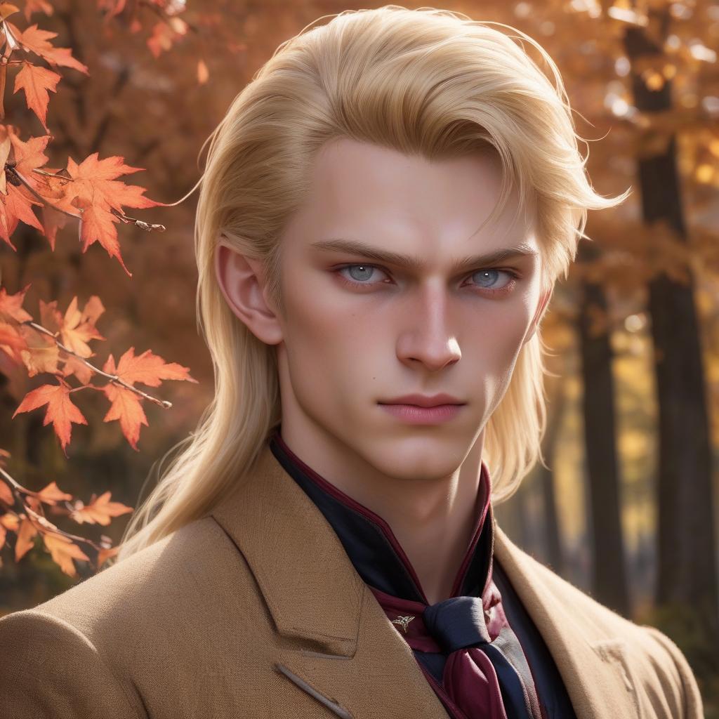  hyperrealistic art tall, courageous young man, blond with long blond hair, and cherry eyes, predatory, stern, look full of pride, strong willed chin, sunken cheeks and high cheekbones, smooth face, in autumn aristocratic clothes, in autumn atmosphere, hyperrealism, good quality, clear lines, 8k, hdr, hdrs+, . extremely high resolution details, photographic, realism pushed to extreme, fine texture, incredibly lifelike