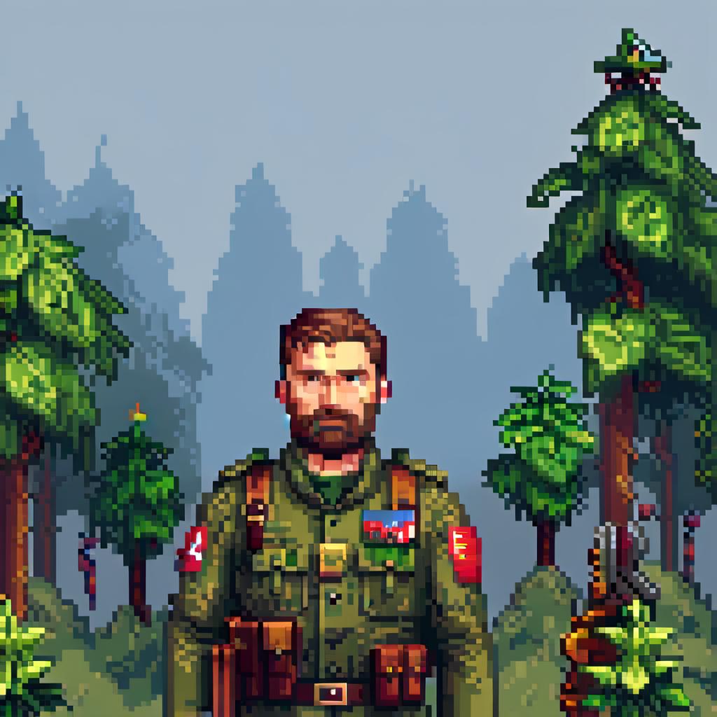  pixel art russian soldier pixel icon in game . low res, blocky, pixel art style, 8 bit graphics hyperrealistic, full body, detailed clothing, highly detailed, cinematic lighting, stunningly beautiful, intricate, sharp focus, f/1. 8, 85mm, (centered image composition), (professionally color graded), ((bright soft diffused light)), volumetric fog, trending on instagram, trending on tumblr, HDR 4K, 8K