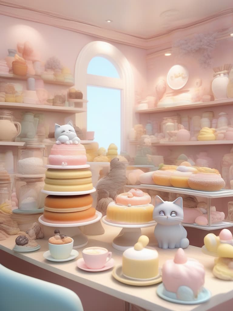  lots of dessert, pastel color, cat cafe, masterpiece, best quality,8k,ultra detailed,high resolution,an extremely delicate and beautiful,hyper detail