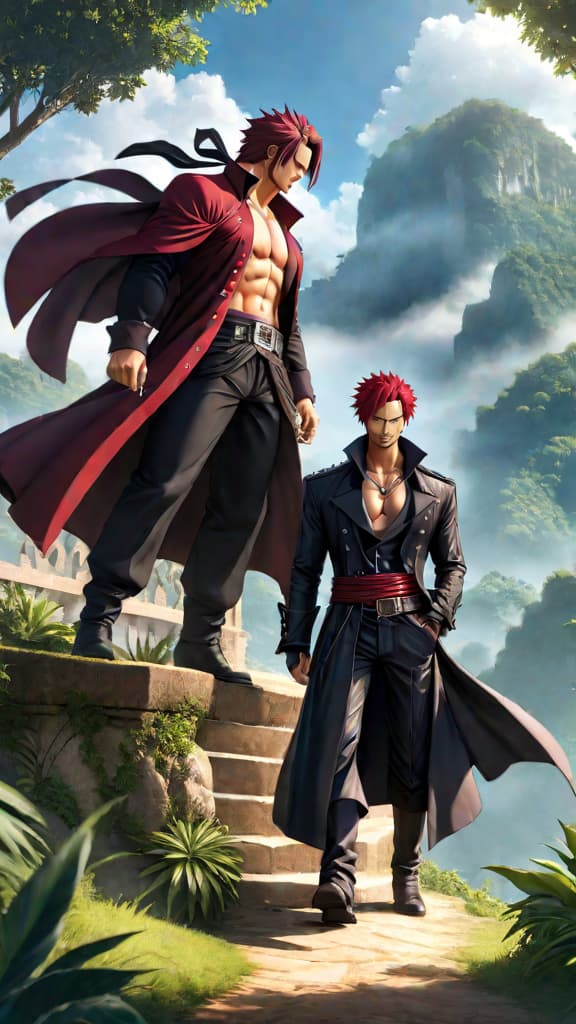  anime art: shanks and mihawk's rivalry depicted through a tense but respectful exchange of gazes. hyperrealistic, full body, detailed clothing, highly detailed, cinematic lighting, stunningly beautiful, intricate, sharp focus, f/1. 8, 85mm, (centered image composition), (professionally color graded), ((bright soft diffused light)), volumetric fog, trending on instagram, trending on tumblr, HDR 4K, 8K