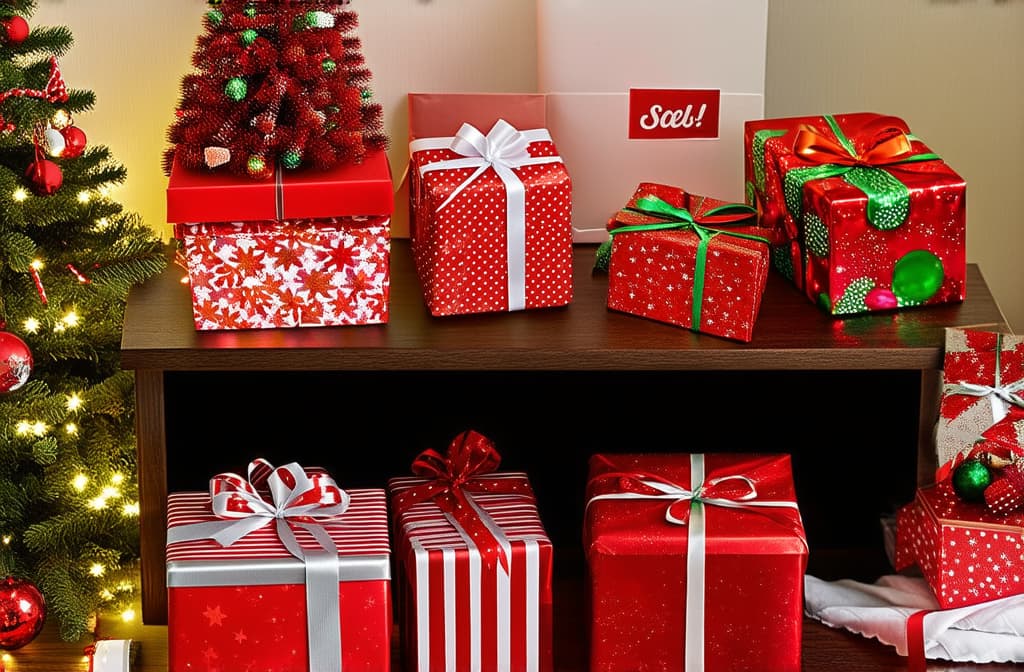  christmas gift wrapping station: a festive desk overflowing with holiday cheer, adorned with beautifully wrapped presents, christmas cards, and twinkling lights ar 3:2 {prompt}, maximum details