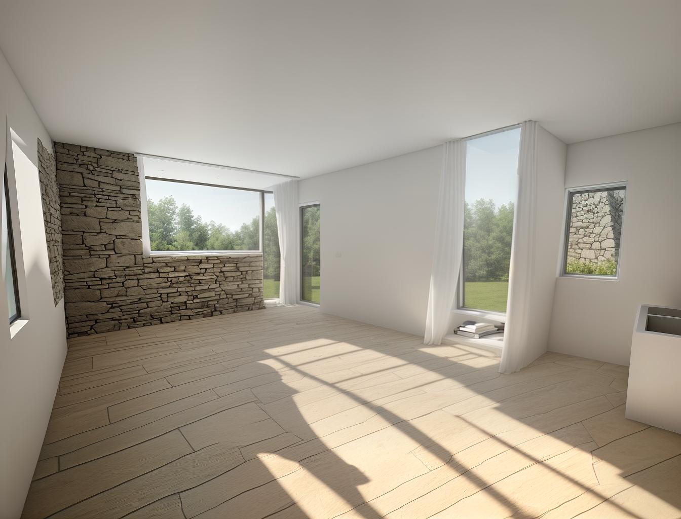  create a photorealistic image of a minimalist room with a stone wall and a large window. the stone wall should add texture and depth to the clean, modern design, while the window brings in natural light, enhancing the room's airy feel.