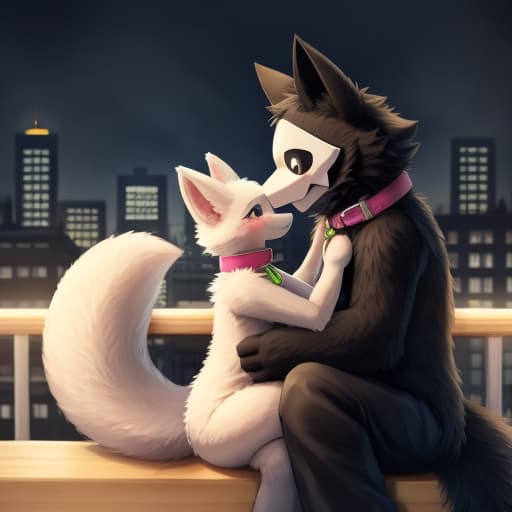  Puro, Duo Female, Male, Hug, FLuffy, big tail, brown air, Pink collar, green collar, City background, Kemono, Sitting, open eyes, digital art, masterpiece, 4k, fine details,