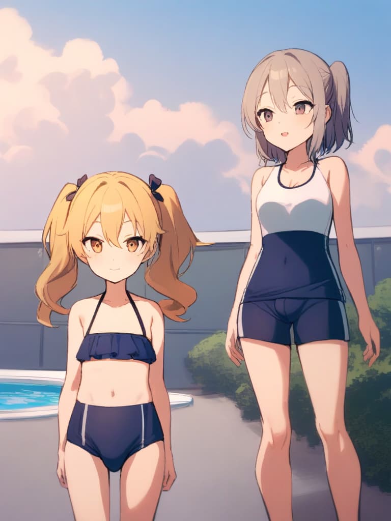  women's elementary students (male), twin tails, cute smiles, (rich s), low stature, dark blue swimwear, old swimwear, , simple (upward), male , (bulge), shaped clear , front , whole body, pool side,