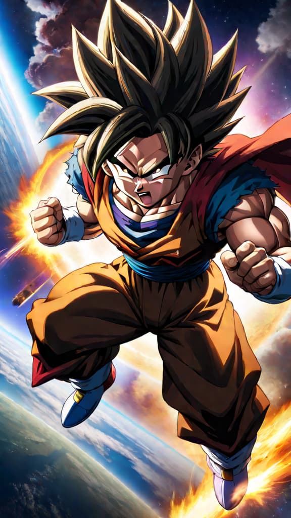  anime art: bardock launches baby goku towards earth as planet vegeta faces destruction by frieza. hyperrealistic, full body, detailed clothing, highly detailed, cinematic lighting, stunningly beautiful, intricate, sharp focus, f/1. 8, 85mm, (centered image composition), (professionally color graded), ((bright soft diffused light)), volumetric fog, trending on instagram, trending on tumblr, HDR 4K, 8K