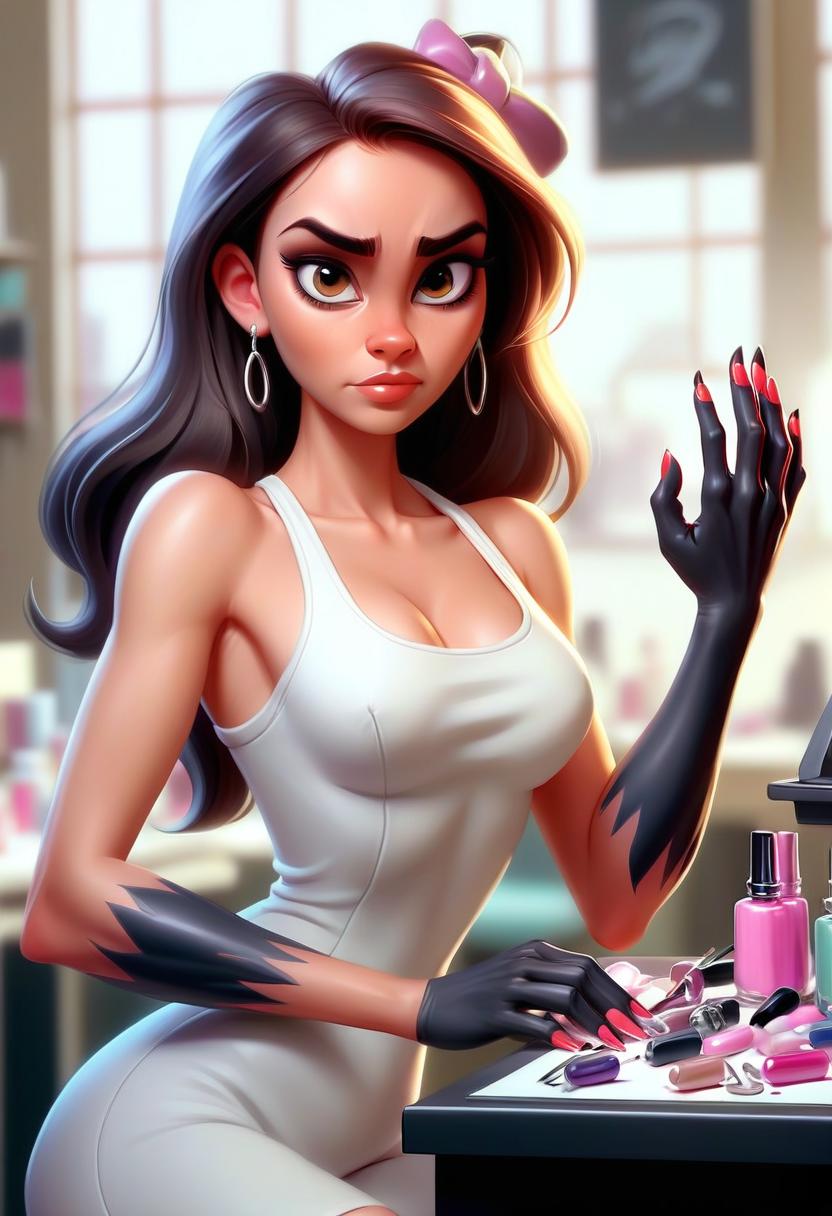  concept art cute young woman with paws and claws at nail design studio . digital artwork, illustrative, painterly, matte painting, highly detailed, perfect hands, perfecteyes