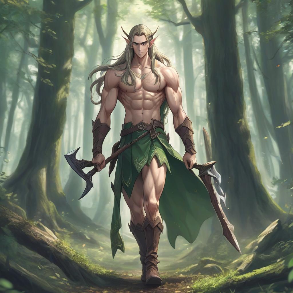  anime artwork anime style; tall elf; male; full height; long hair; visible muscles; axe; in the forest . anime style, key visual, vibrant, studio anime, highly detailed