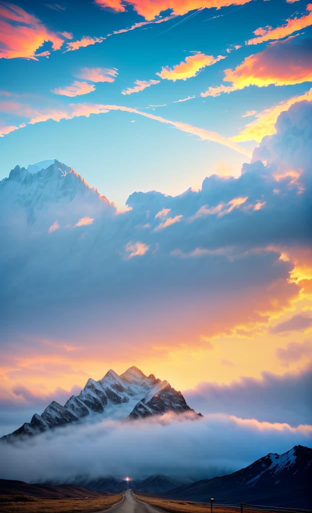  sunrise, sun on far, mountains inside coulds, a road top of mountain, , blue sky, clouds on sky, big sky, winds on clouds , cinematic, 8k, surreal, small vilage on mountains, high quality, symmetrical balance, cinematic lighting, impressionism, focus point