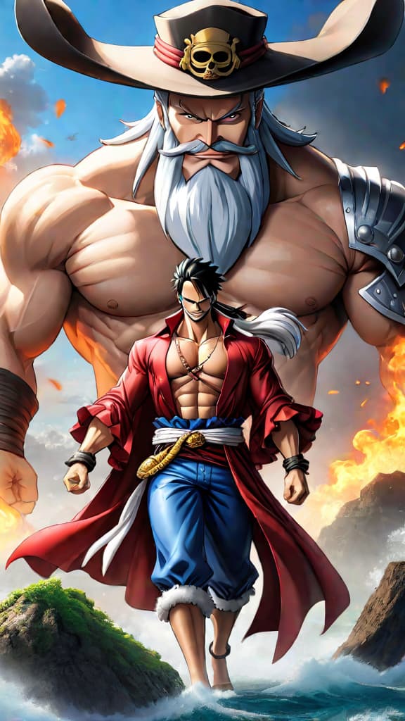  anime art: depict the enigmatic relationship between gol d. roger and whitebeard in one piece. hyperrealistic, full body, detailed clothing, highly detailed, cinematic lighting, stunningly beautiful, intricate, sharp focus, f/1. 8, 85mm, (centered image composition), (professionally color graded), ((bright soft diffused light)), volumetric fog, trending on instagram, trending on tumblr, HDR 4K, 8K