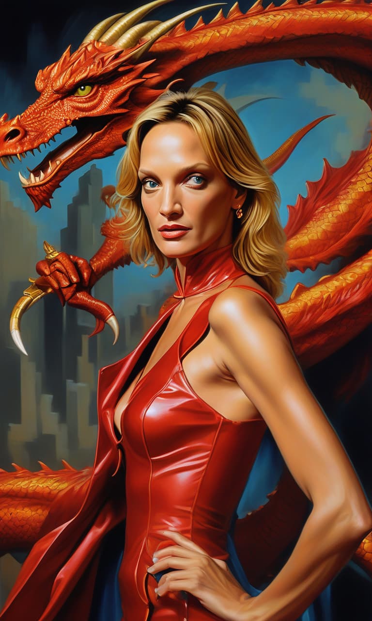  retro game art uma thurman from the action movie kill the dragon.hyperrealism, painting, acrylic, in a full length heroine costume with a dragon character. . 16 bit, vibrant colors, pixelated, nostalgic, charming, fun