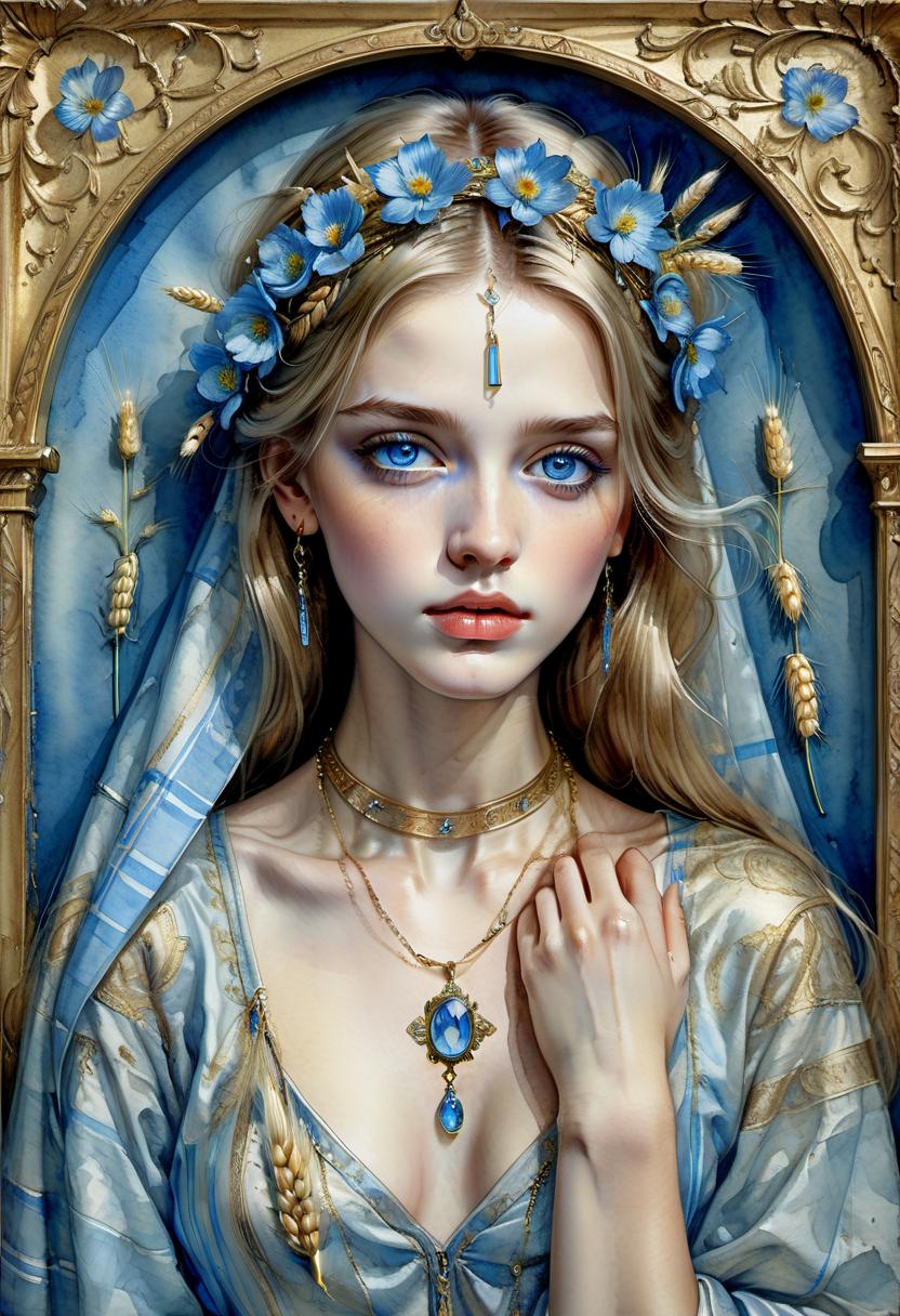  hdr photo of a very beautiful girl in the image of icon painting, in a gilded ornate frame with a penitent look of large expressive blue eyes and with wheat hair on a straight partition, with delicate blue flowers in the form of jewelry in her hair, in falling clothes of light blue tones, in the background of blue golden stripes of blur, a portrait of a girl to the waist. watercolor painting. . high dynamic range, vivid, rich details, clear shadows and highlights, realistic, intense, enhanced contrast, highly detailed, on parchment