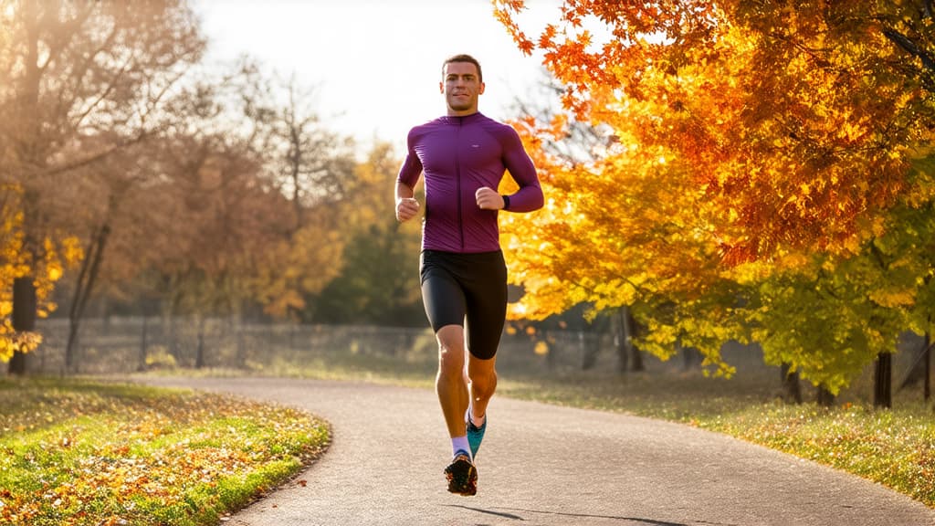  real estate photography style a person jogging on a park path with autumn leaves and morning sunlight. this image conveys health, fitness, and the beauty of an autumn morning ar 16:9 . professional, inviting, well lit, high resolution, property focused, commercial, highly detailed