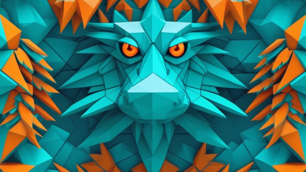  tropical ornament, empty space in the center ar 16:9, colorful, low poly, cyan and orange eyes, poly hd, 3d, low poly game art, polygon mesh, jagged, blocky, wireframe edges, centered composition
