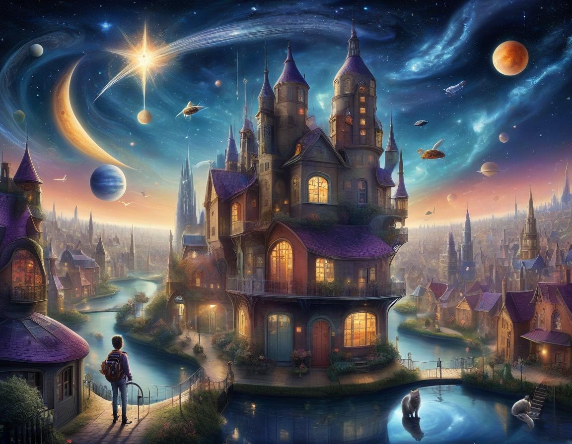  space themed a surreal dream: a ghostly fantastic city with towers, a flying bicycle with a cyclist, a flying fairy with a magic wand lights a star in the sky, a huge cat lies on the roof of one of the houses, a beautiful pond with fish flying above it . cosmic, celestial, stars, galaxies, nebulas, planets, science fiction, highly detailed