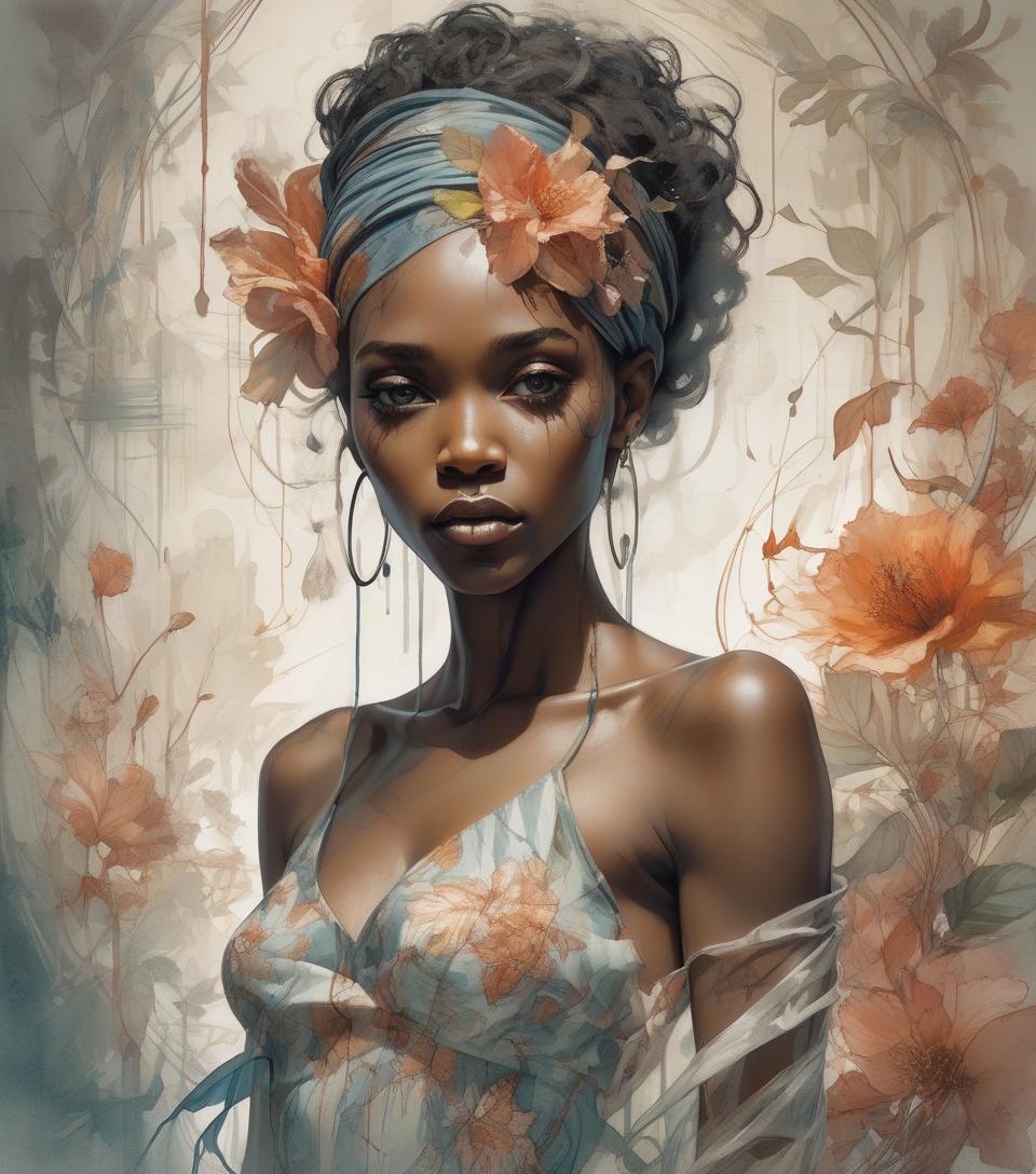  beautiful african woman in a floral background, fine line drawing by harrison fisher and the talent of brian froud, complemented by the abstract depths of jeremy mann, the beauty of carne griffiths' faces, blending the fantastic muscular realism of boris vallejo, layered painting watercolor for striking effect and ultra fine, texture reminiscent of cracked parchment, natural lighting, perfect light natural volumetric cinematic soft, chiaroscuro, award winning photography, maximalist, masterpiece, deep complementary colors, extreme details, beautiful incredibly detailed and complex octane rendering, trending on artstation, dystopian, elemental, ethereal, fanciful, in the style of greg rutkowski