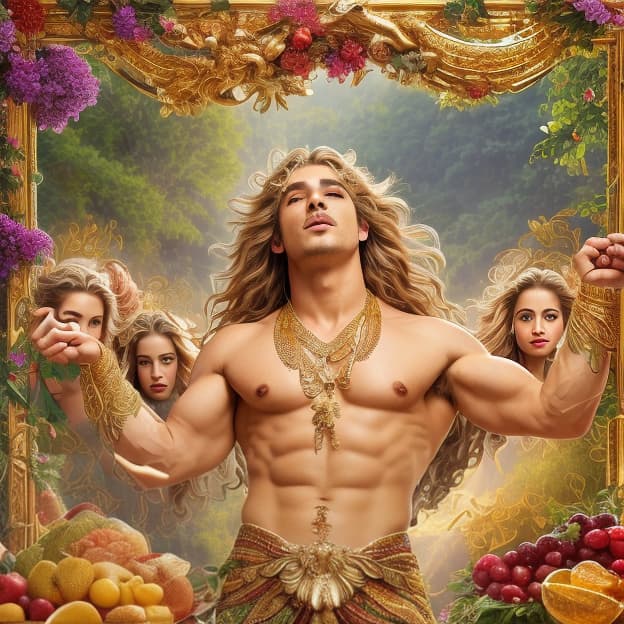  a highly detailed and realistic depiction of adonis, the ancient greek god of beauty, with long flowing hair, surrounded by several enchanting women who are captivated by his charm. he stands confidently in a lush, natural setting, embodying strength and allure. a majestic eagle perches on his shoulder, symbolizing power and freedom. the ground is scattered with glimmering gold bars, hinting at wealth and abundance, along with a cornucopia filled with bountiful fruits, representing prosperity and fertility. the scene is vibrant with rich colors and intricate details, creating a captivating atmosphere.