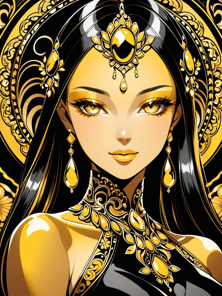  Golden yellow and sleek black color palette, captivating and inviting expression, exuding elegance and charm, magnetic beauty, intricate details, high contrast, luxurious feel, digital art, female, glossy finish, striking composition, dynamic lighting to enhance features.