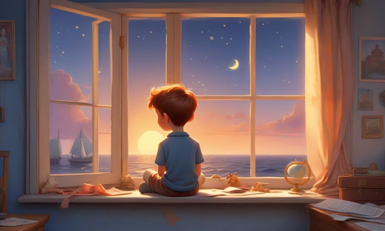  a cozy room of a young boy named yevseyka with a large, slightly open window showing a distant, slightly misty sea symbolizing a dream yet to come true. the room is decorated in a maritime style with details like a toy ship on the windowsill, maps, and a globe. the scene changes from day to night, with sunlight initially filling the room, transitioning to sunset hues of warm oranges and pinks, and finally to a night sky with the moon and stars. the foreground features a silhouette of yevseyka, a young boy with large blue eyes and short brown hair, sitting on the windowsill looking dreamily out to the sea. the overall style is bright, friendly, and suitable for children aged 3 5, resembling a blend of disney and pixar with watercolor element