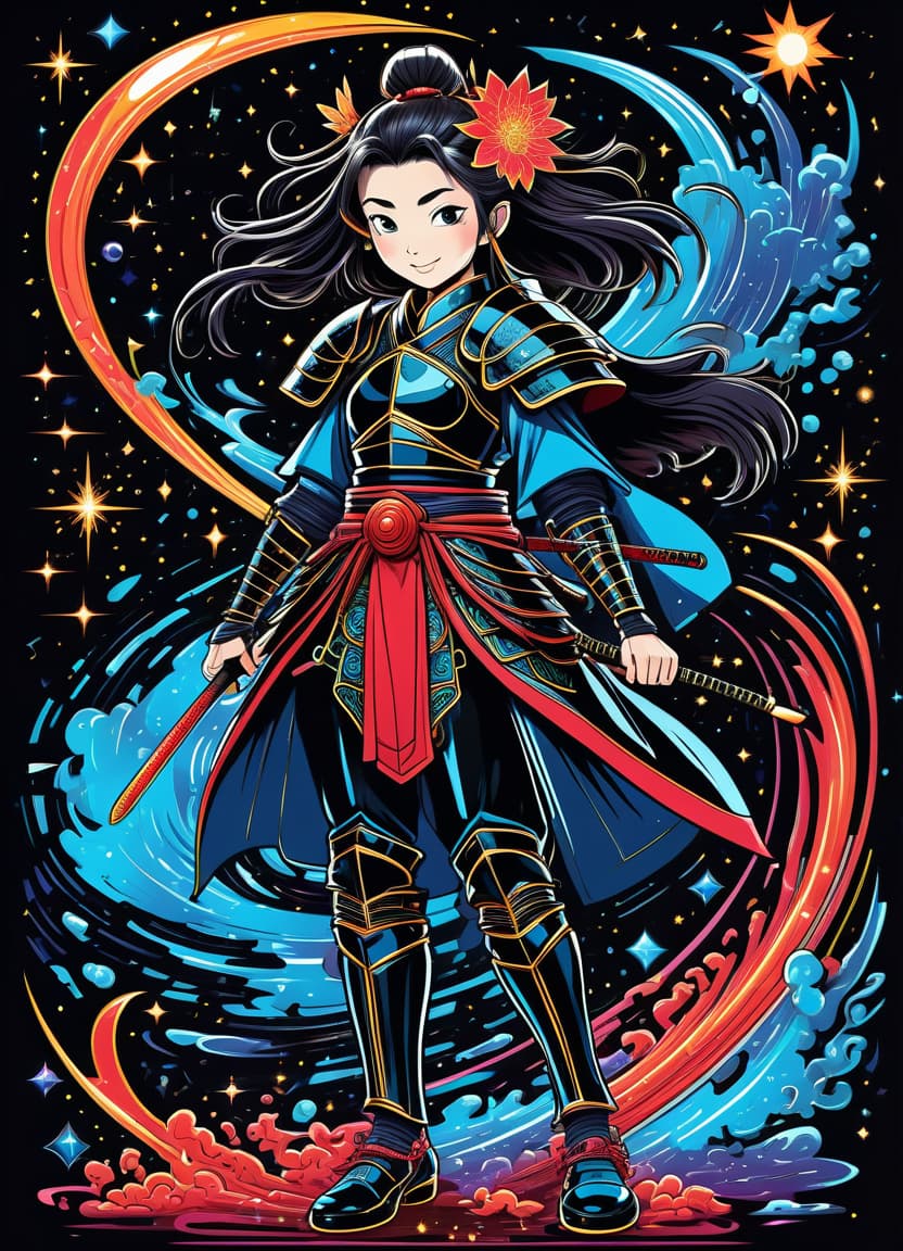  a humorous illustration. bright colors, cartoon style. on the black background, shiny contours outlines of silhouette of a japanese samurai girl in black samurai armor, in full length, in patent leather black shoes, made of blue star and red comet, frame with intricate thin ornamentation from comet, stars and cosmic dust: (thin: 1,4) lines ,