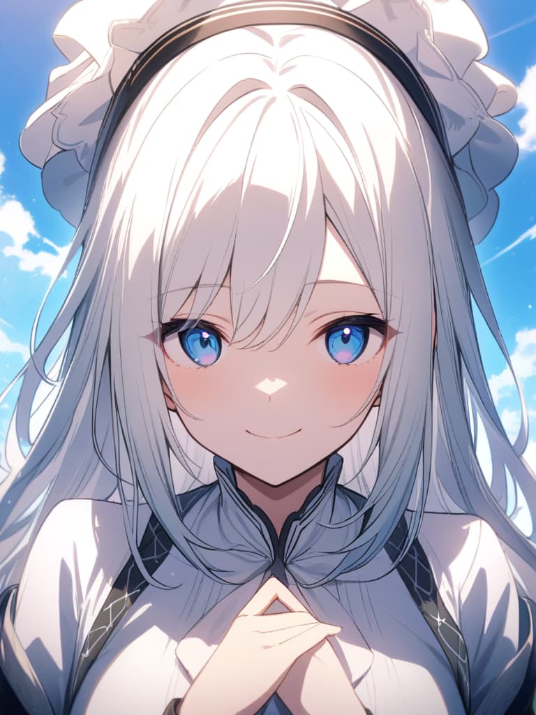  ((white hair,beautiful ,long hair,beautiful,blue eyes,smiling,cute,cute smile,refreshing,blue sky background,white ,smiling))、ultra detailed,best shadow,cute and beautiful face,(masterpiece:1.2),(best quality:1.2),detailed background,high contrast,(best illumination,an extremely delicate and beautiful),((cinematic light)),hyper detail,dramatic light,intricate details,8k,anime,very aesthetic