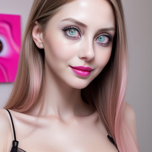  (--Style Photoralism, 16k) woman with a pink lip and a pink manicure, 5 0 0 px models, big eyes, eyes and face, very detailed stunning deep eyes, 2 old female model, nubile body, friendly smile, hot , beautiful feminine face, ! eyes and face!, camisole, aenami alena