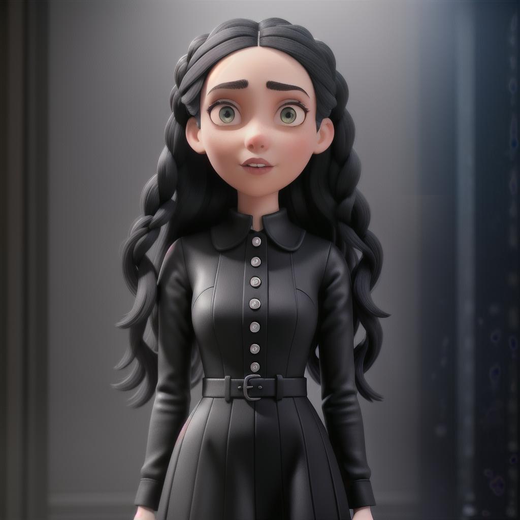  Wednesday Addams, black hair in two braids, dark colors, gloomy atmosphere hyperrealistic, full body, detailed clothing, highly detailed, cinematic lighting, stunningly beautiful, intricate, sharp focus, f/1. 8, 85mm, (centered image composition), (professionally color graded), ((bright soft diffused light)), volumetric fog, trending on instagram, trending on tumblr, HDR 4K, 8K