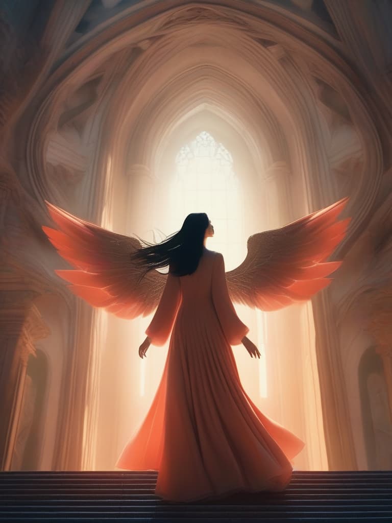  solo,boy,angel,a minimalist silhouette of an angel descending from the sky,with simple,elegant lines depicting large wings and a flowing robe. the background is a gradient of soft pastel colors,suggesting dawn or dusk. the focus is on the graceful form and movement of the figure,paradise,with a sense of calm and serenity.,8k hyperrealistic, full body, detailed clothing, highly detailed, cinematic lighting, stunningly beautiful, intricate, sharp focus, f/1. 8, 85mm, (centered image composition), (professionally color graded), ((bright soft diffused light)), volumetric fog, trending on instagram, trending on tumblr, HDR 4K, 8K