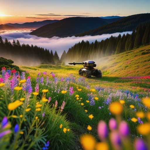  A solitary robot sitting in a field of wildflowers at sunset. Apply the Following Styles Comic hyperrealistic, full body, detailed clothing, highly detailed, cinematic lighting, stunningly beautiful, intricate, sharp focus, f/1. 8, 85mm, (centered image composition), (professionally color graded), ((bright soft diffused light)), volumetric fog, trending on instagram, trending on tumblr, HDR 4K, 8K