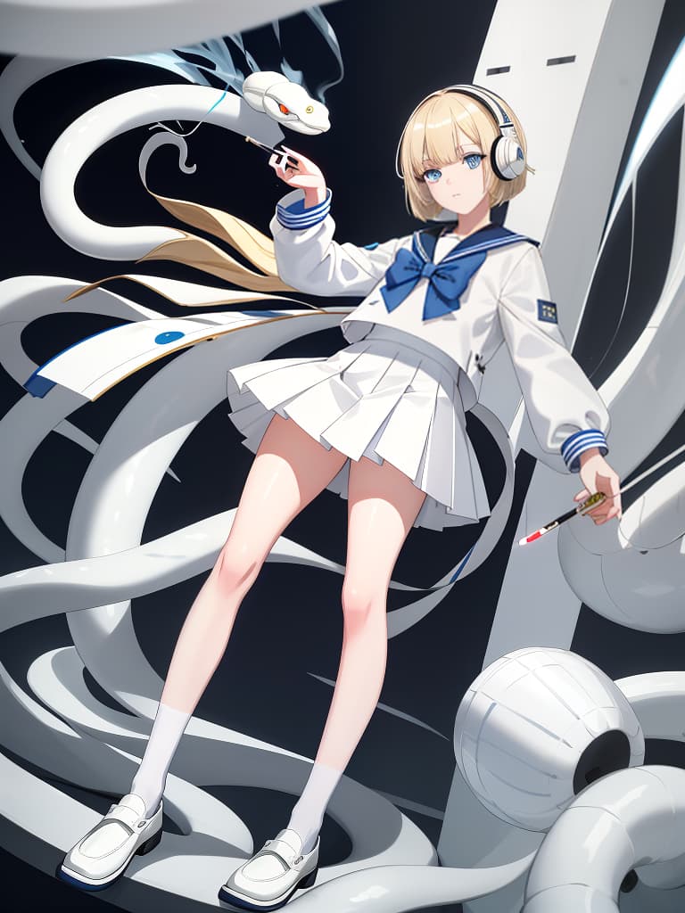  a who smokes a cigarette, a white sailor suit, a white pleated , a whole body, black loafers, blue eyes, blonde bob hair, summer sailor, snake tattoo on legs, one , white sailor suit headphones, 綣, headphones, masterpiece, best quality,8k,ultra detailed,high resolution,an extremely delicate and beautiful,hyper detail