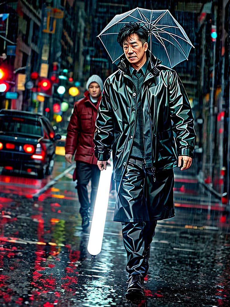  a handsome middle aged man wearing a raincoat and holding an umbrella struggled to go to work despite the typhoon and heavy rain, with cars and objects around him flying in the sky by the wind hyperrealistic, full body, detailed clothing, highly detailed, cinematic lighting, stunningly beautiful, intricate, sharp focus, f/1. 8, 85mm, (centered image composition), (professionally color graded), ((bright soft diffused light)), volumetric fog, trending on instagram, trending on tumblr, HDR 4K, 8K