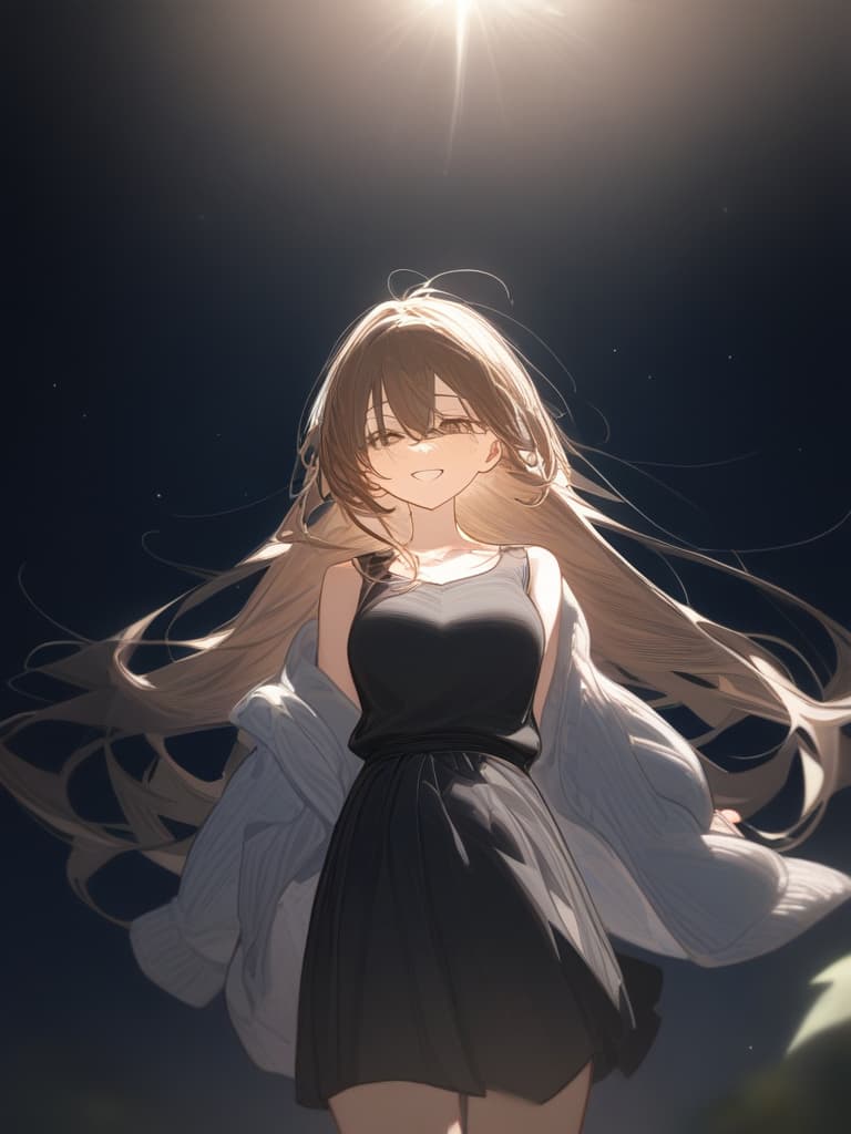  a girl who is laughing at me, a bright brown hair long hair, a transparent fleeting, the whole body facing the front, facing here, under the starry sky, the whole body, facing me, me i'm wearing a dubbed cardigan from the top of the black sleeveless with my eyes meet, masterpiece, best quality,8k,ultra detailed,high resolution,an extremely delicate and beautiful,hyper detail