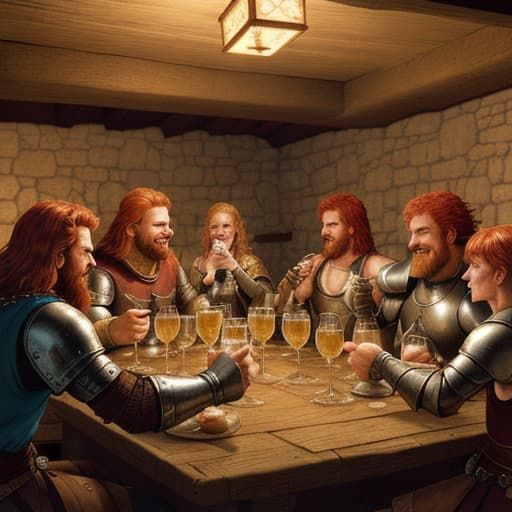  80's fantasy art, Inside an inn filled with medieval villagers and mercenaries, a group of warriors raise their glasses in a toast. The atmosphere is lively and warm, with laughter and stories being shared. At the center, a red-haired fighter named Colton raises his glass, surrounded by his new allies. The inn's warm light creates a cozy, inviting ambiance.