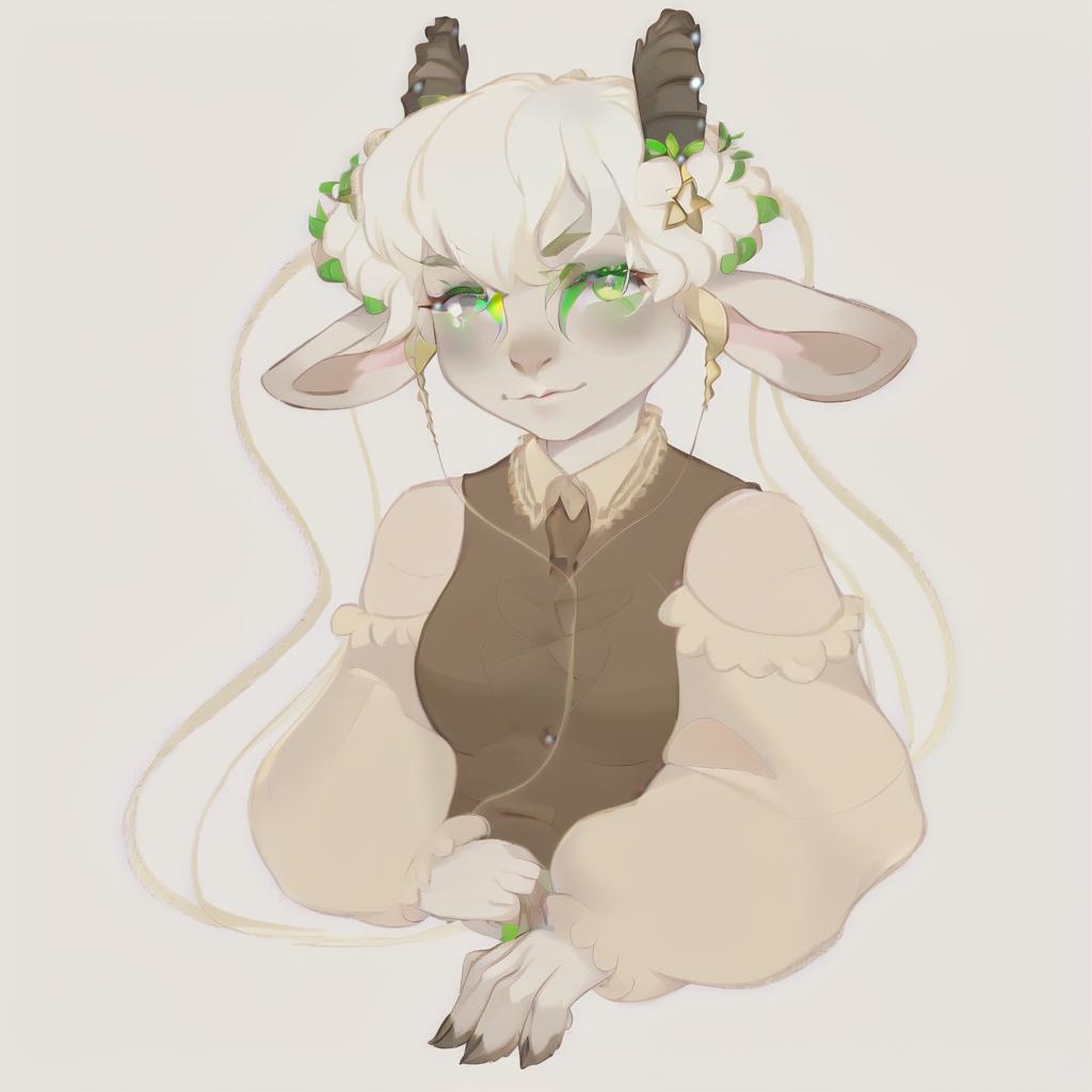  anthropomorphic goat, blonde, long hair, curls, bangs, dressed in fairy core style, green eyes. a picture is an avatar for vitubing, neutral color background