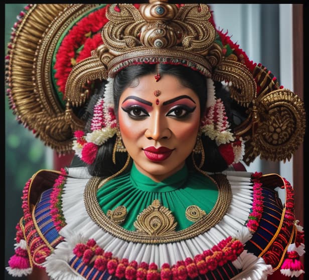  create kathakali face of kerala hyperrealistic, full body, detailed clothing, highly detailed, cinematic lighting, stunningly beautiful, intricate, sharp focus, f/1. 8, 85mm, (centered image composition), (professionally color graded), ((bright soft diffused light)), volumetric fog, trending on instagram, trending on tumblr, HDR 4K, 8K