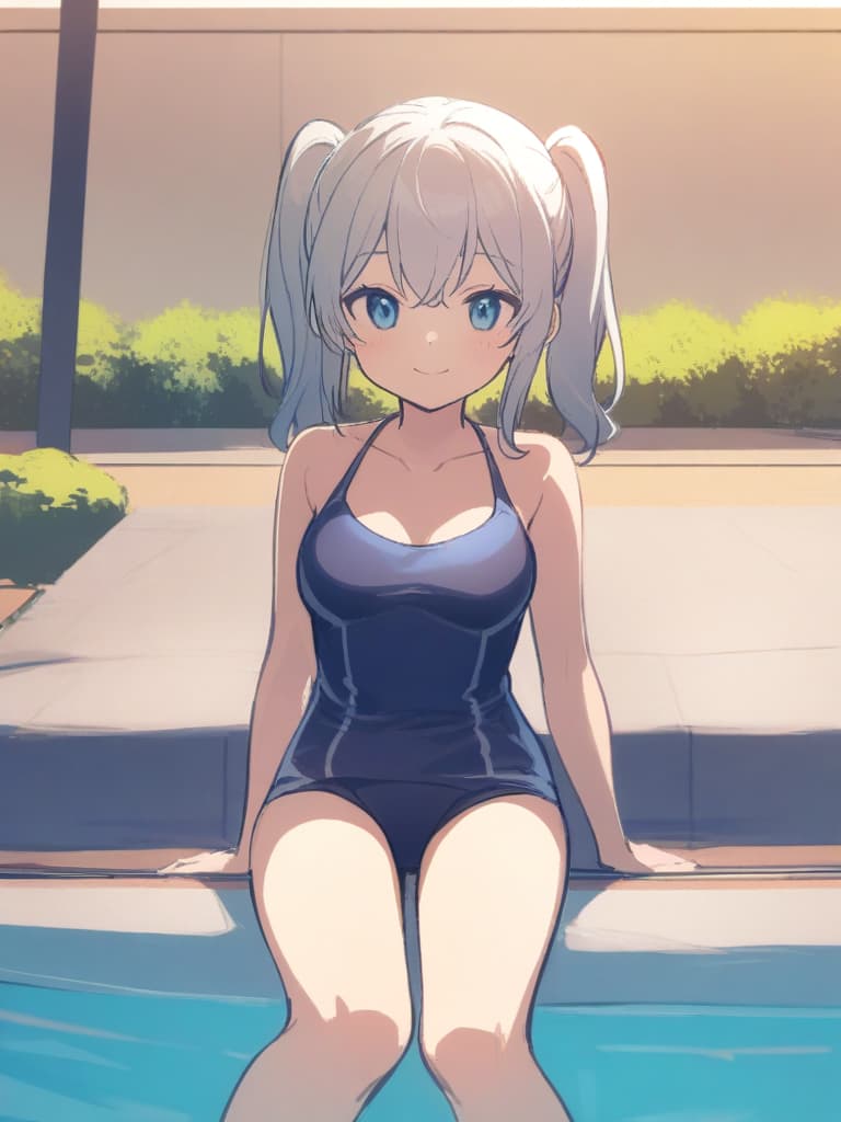  women's elementary students (male), twin tails, cute smiles, (rich s), low stature, dark blue swimwear, old swimwear, , simple, s, (upwards), male , , . , shapely clear , front, whole body, pool side,