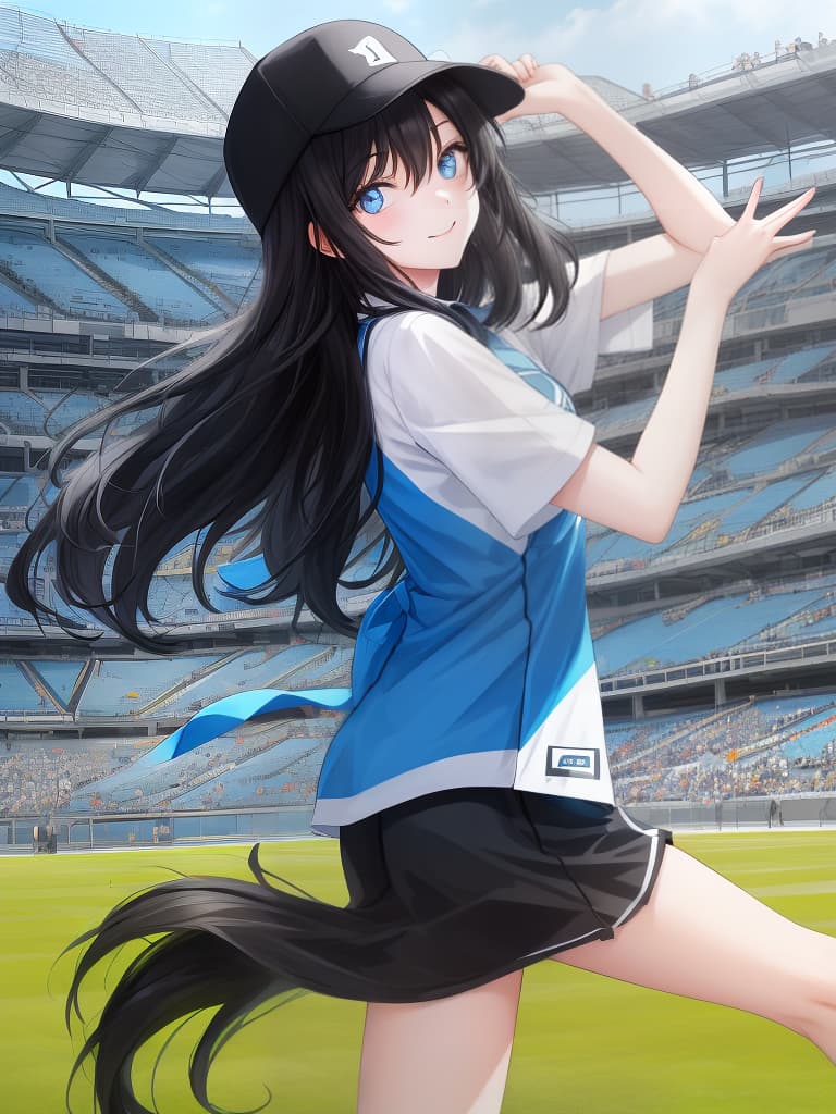  energetic and lively atmosphere: long and straight black haired people wear a white baseball shirt with blue letters to support the baseball cap and eager. cute poses, winks, and one arm are raised high. the scene is outdoor stadium, the background is a cool background of natural light, whole body,